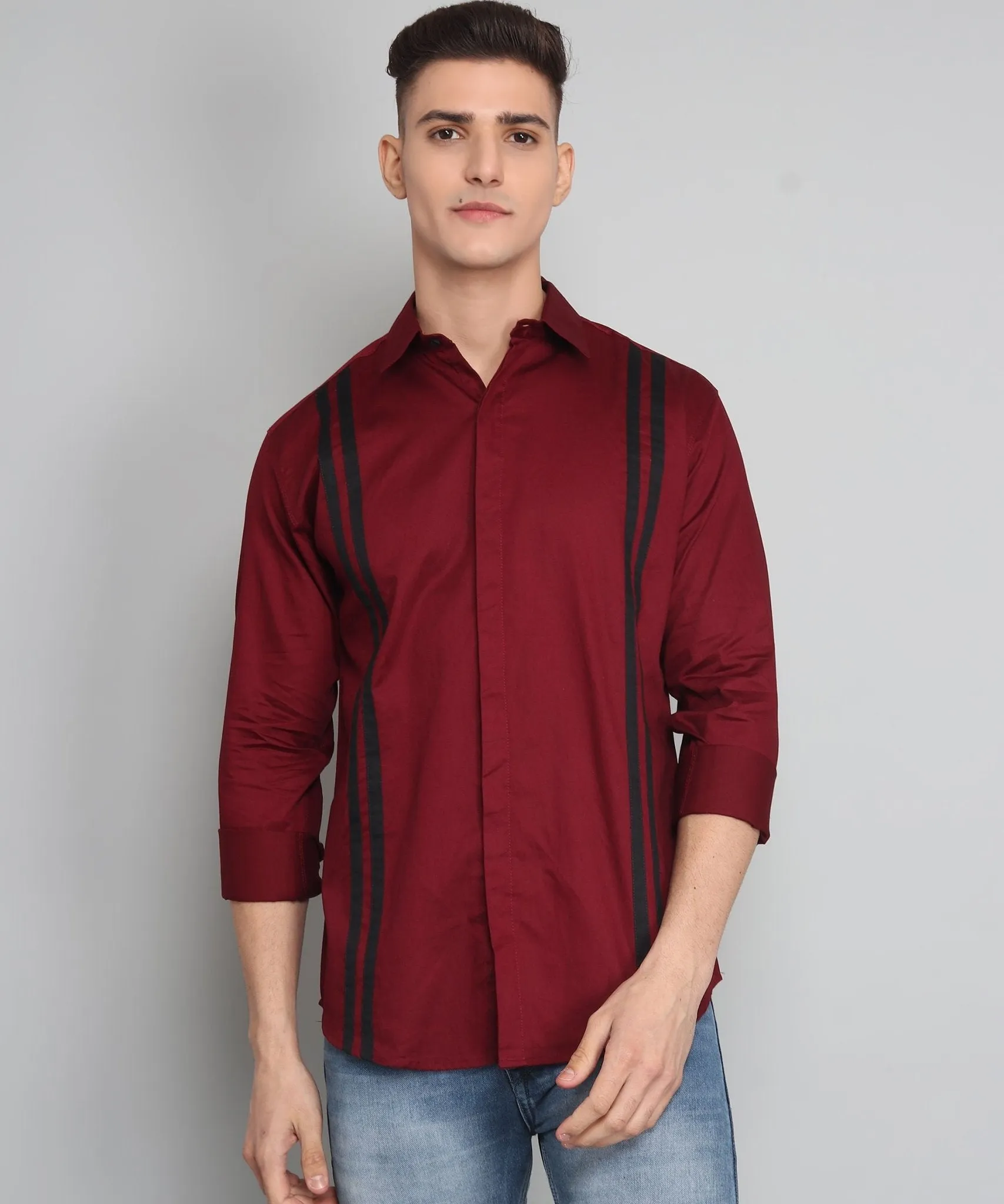 TryBuy Premium Maroon Colored Black Striped Cotton Button-Up Shirt For Men