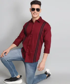 TryBuy Premium Maroon Colored Black Striped Cotton Button-Up Shirt For Men