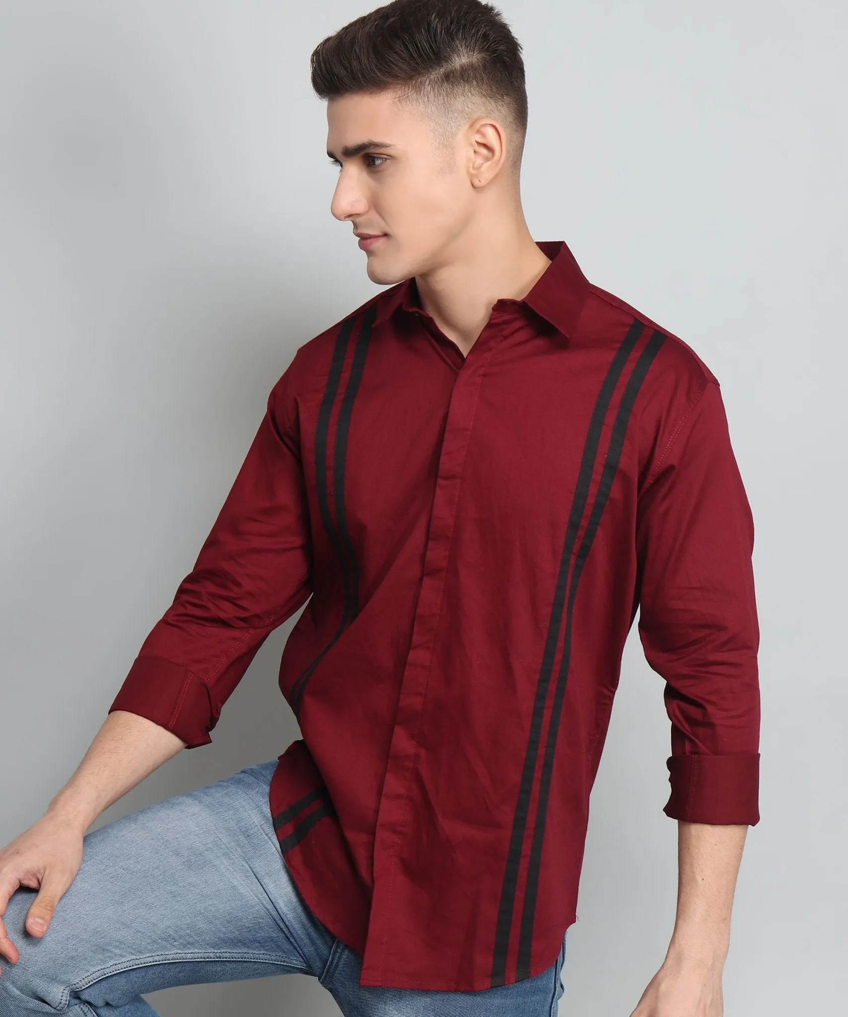 TryBuy Premium Maroon Colored Black Striped Cotton Button-Up Shirt For Men