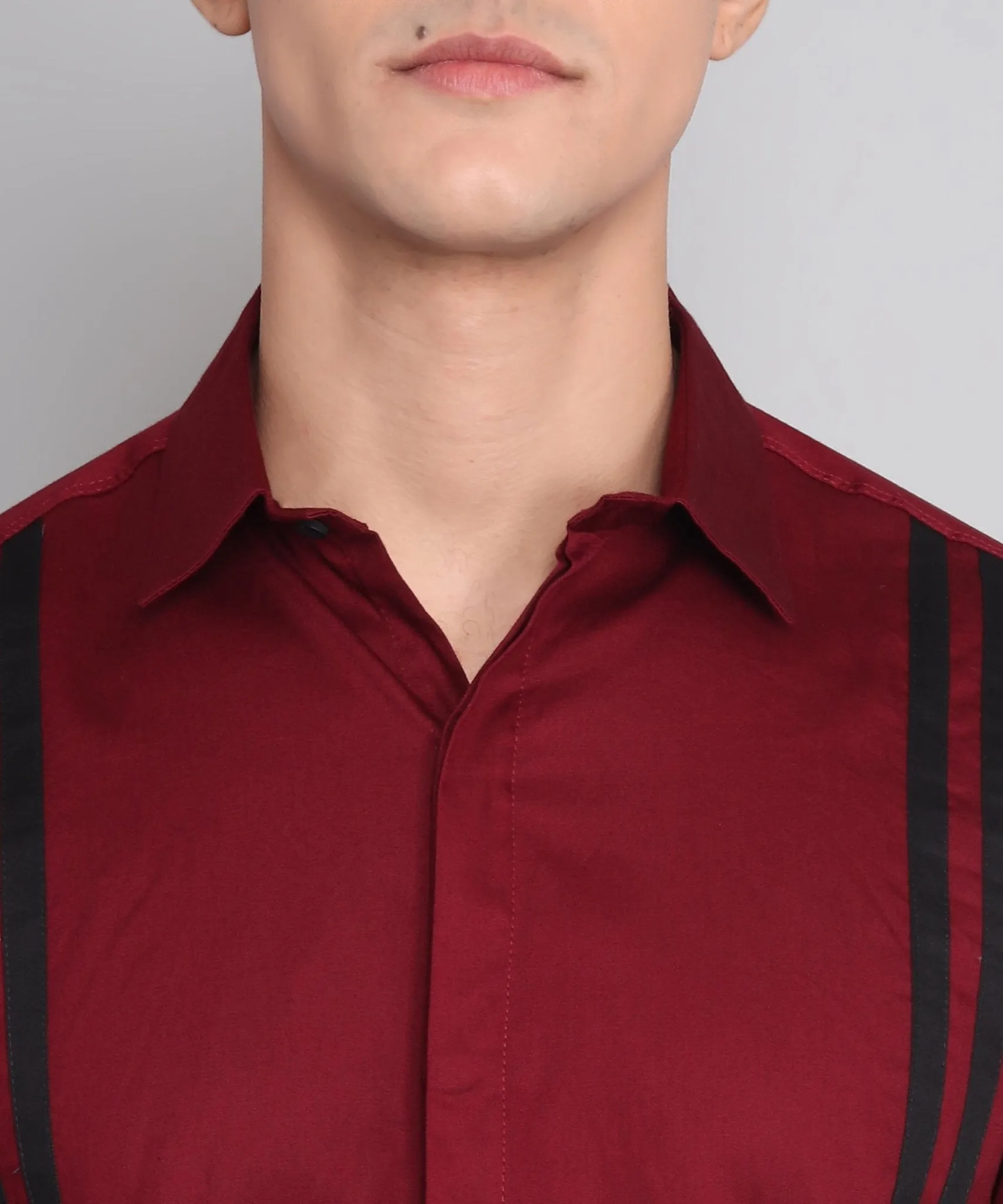 TryBuy Premium Maroon Colored Black Striped Cotton Button-Up Shirt For Men