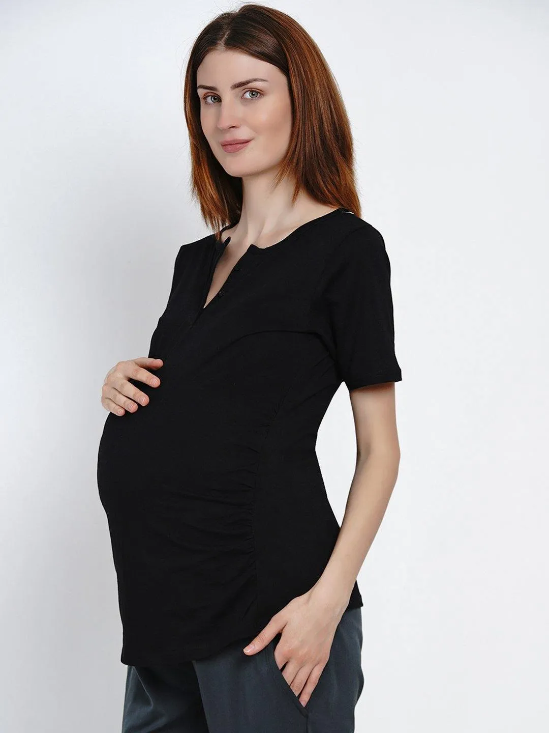 Women's Black Cotton Maternity Yoga T-shirts