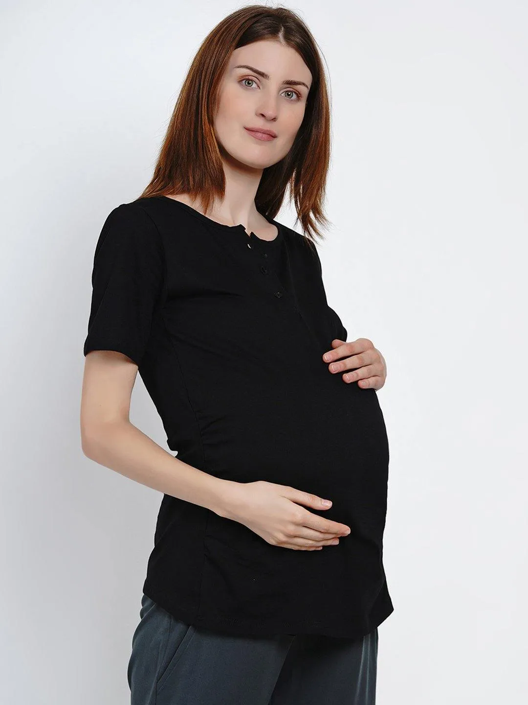 Women's Black Cotton Maternity Yoga T-shirts