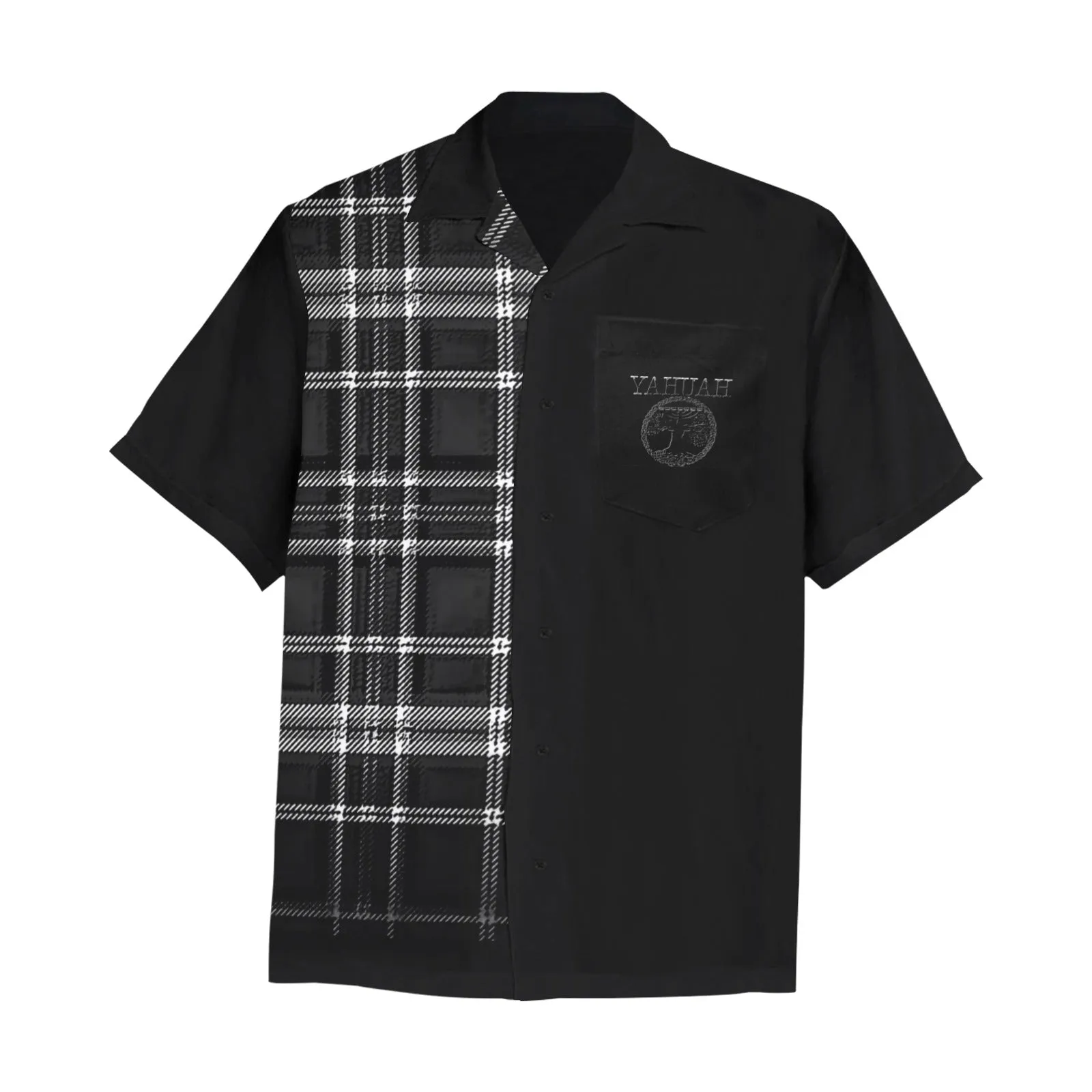 Yahuah-Tree of Life 02-04   Digital Plaid 01-06A Men's Designer Short Sleeve Dress Shirt with Chest Pocket