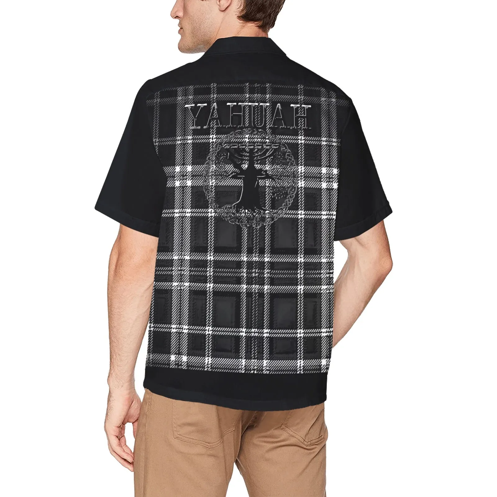 Yahuah-Tree of Life 02-04   Digital Plaid 01-06A Men's Designer Short Sleeve Dress Shirt with Chest Pocket